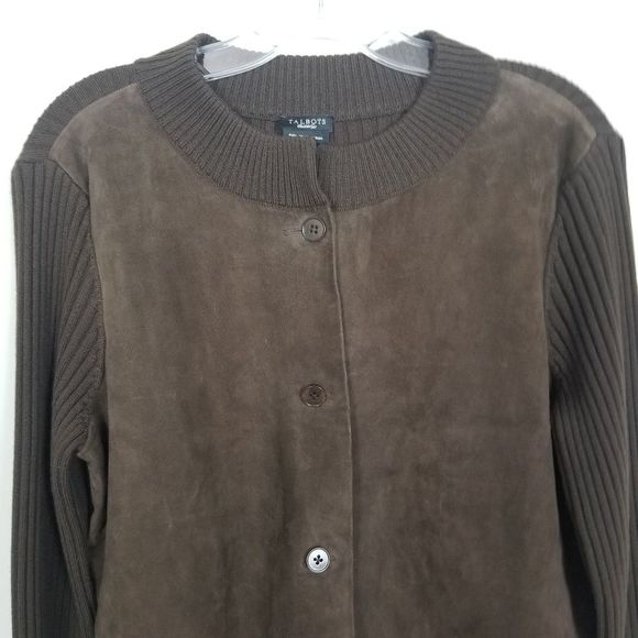 Talbots Suede Leather Front Cable Knit Button Down Sweater Top M - Picture 2 of 6